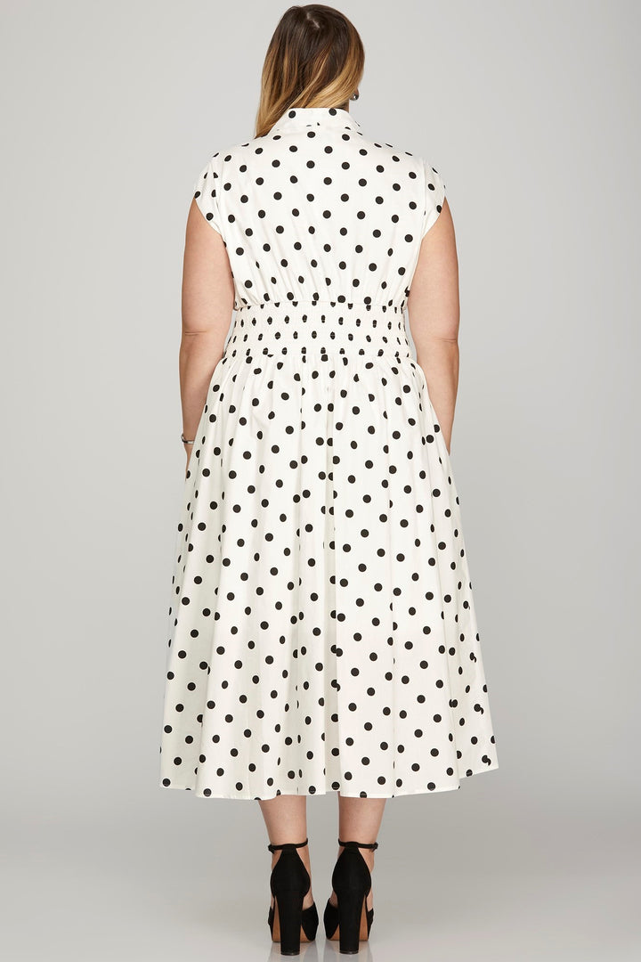 Off White She Sky Front Zip Polka Dots Cap Sleeve Midi Dress