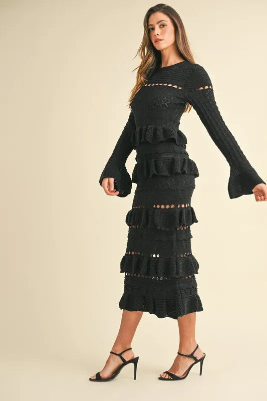 Black Mable Long Sleeve Tiered Ruffle Knit Midi Dress
