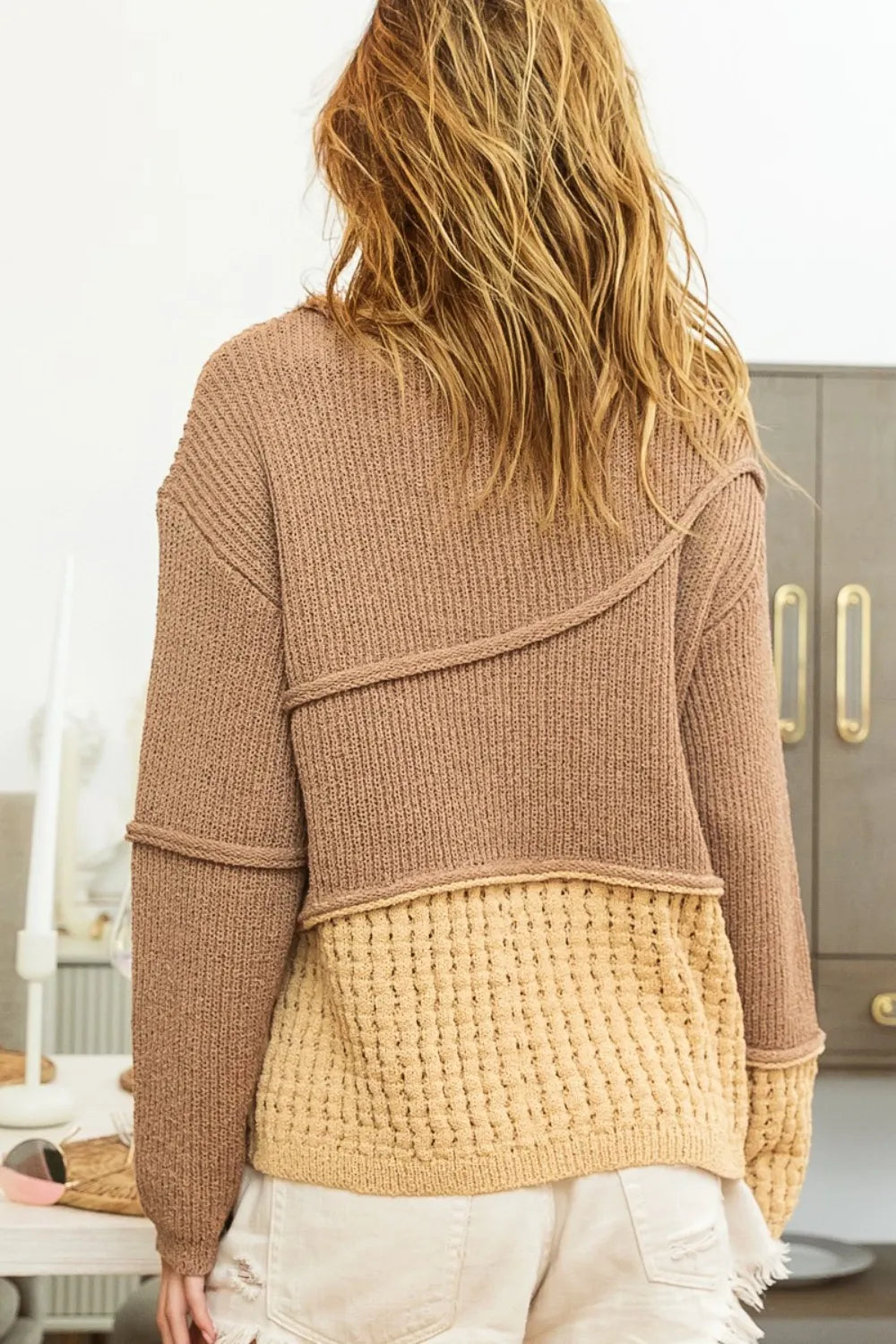 Mocha Brown Combo Bibi Texture Detail Contrast Drop Shoulder Sweater