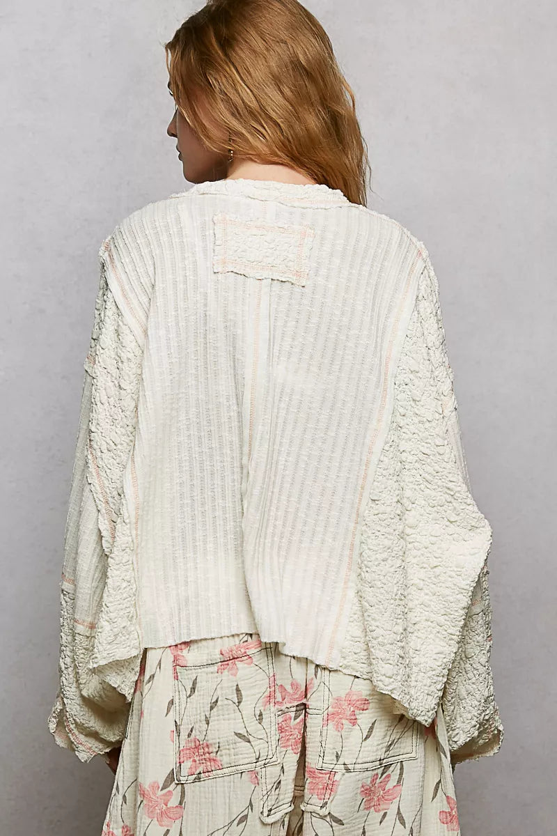 Off White Pol V Neck Long Sleeve Top With Stitch Detail