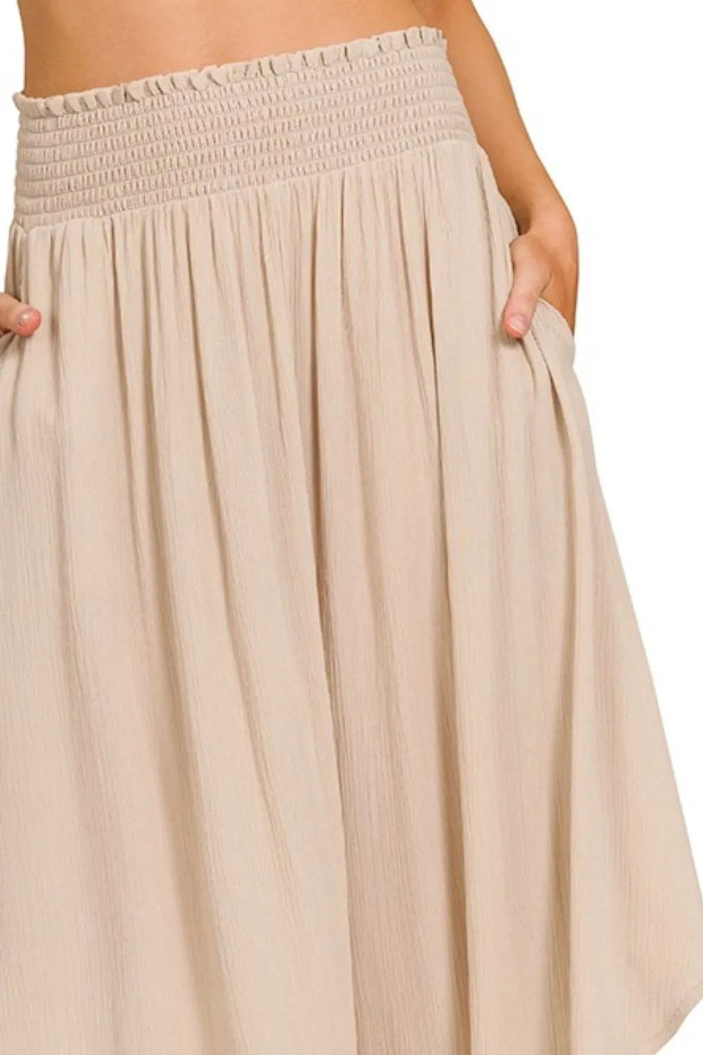 Sand Beige Zenana Woven Crinkle Smocked Waist Maxi Skirt W Pockets 2