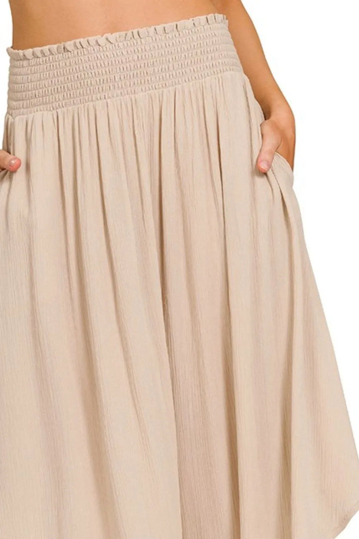 Sand Beige Zenana Woven Crinkle Smocked Waist Maxi Skirt W Pockets 2