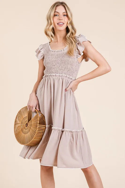 Lime N Chili Ruffle Trim Smocked Dress With Contrast