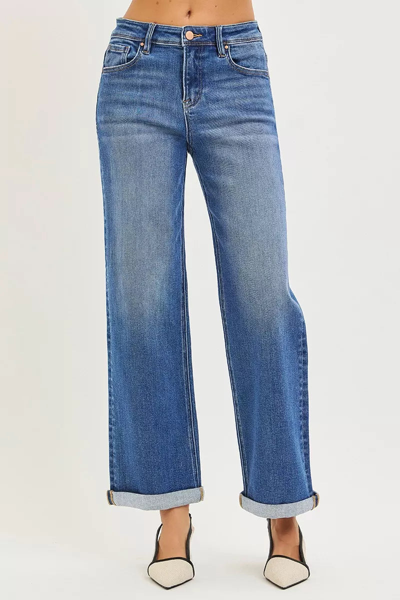Medium Risen Full Size High Rise Relaxed Fit Ankle Straight Cuff Jeans Plus Size