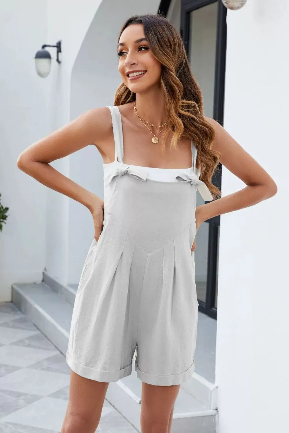 Light Gray Knotted Strap Romper With Pockets 2