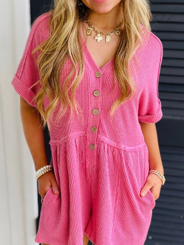 Fuchsia Pink Casual Button Front Ribbed Romper