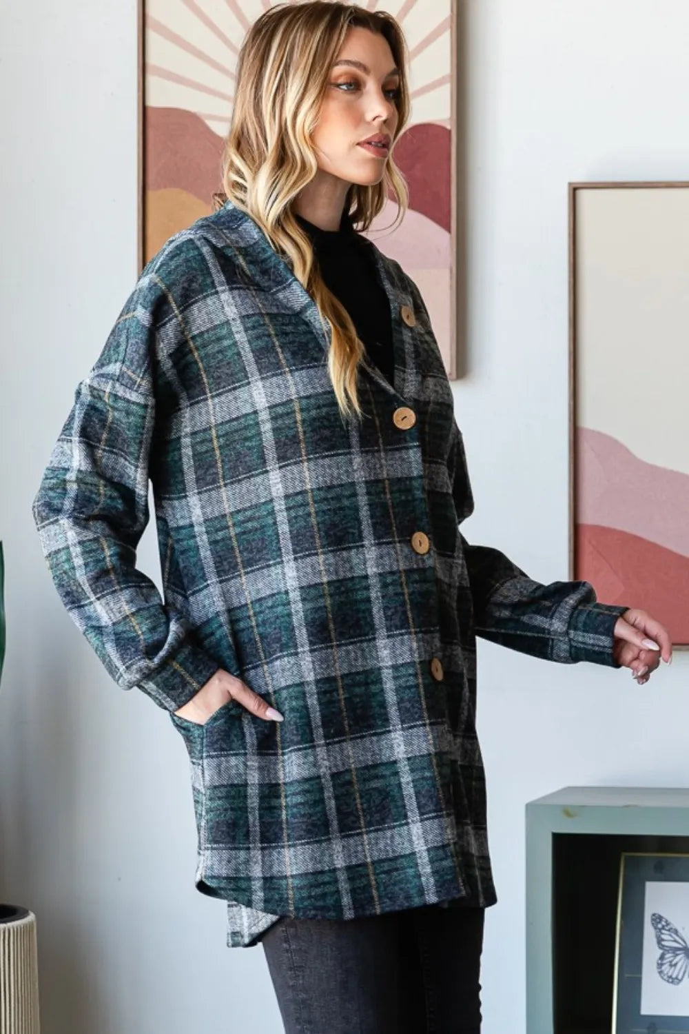 Hunter Green Multi Heimish Plaid Button Down Long Sleeve Hooded Cardigan