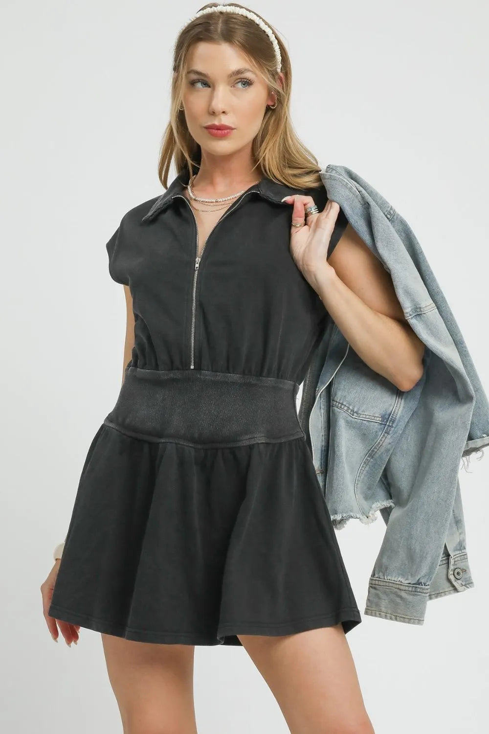 Black Umgee Zip Front Cap Sleeve Mini Dress