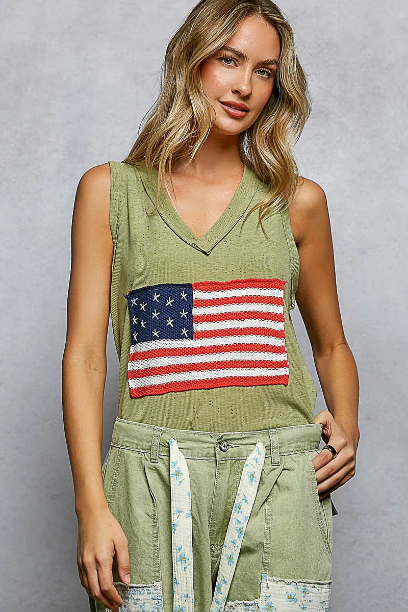 Olive Pol V Neck Ribbed Tank With American Flag Patch And Star Back Patch 3