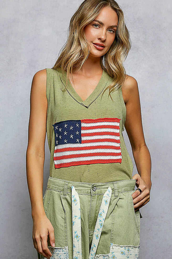 Olive Pol V Neck Ribbed Tank With American Flag Patch And Star Back Patch 3