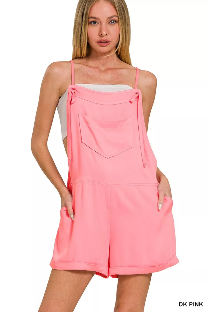 Dk Pink Zenana Rayon Woven Romper With Tie Knot Strap