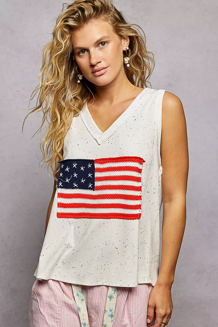 Off White Pol V Neck Ribbed Tank With American Flag Patch And Star Back Patch 2