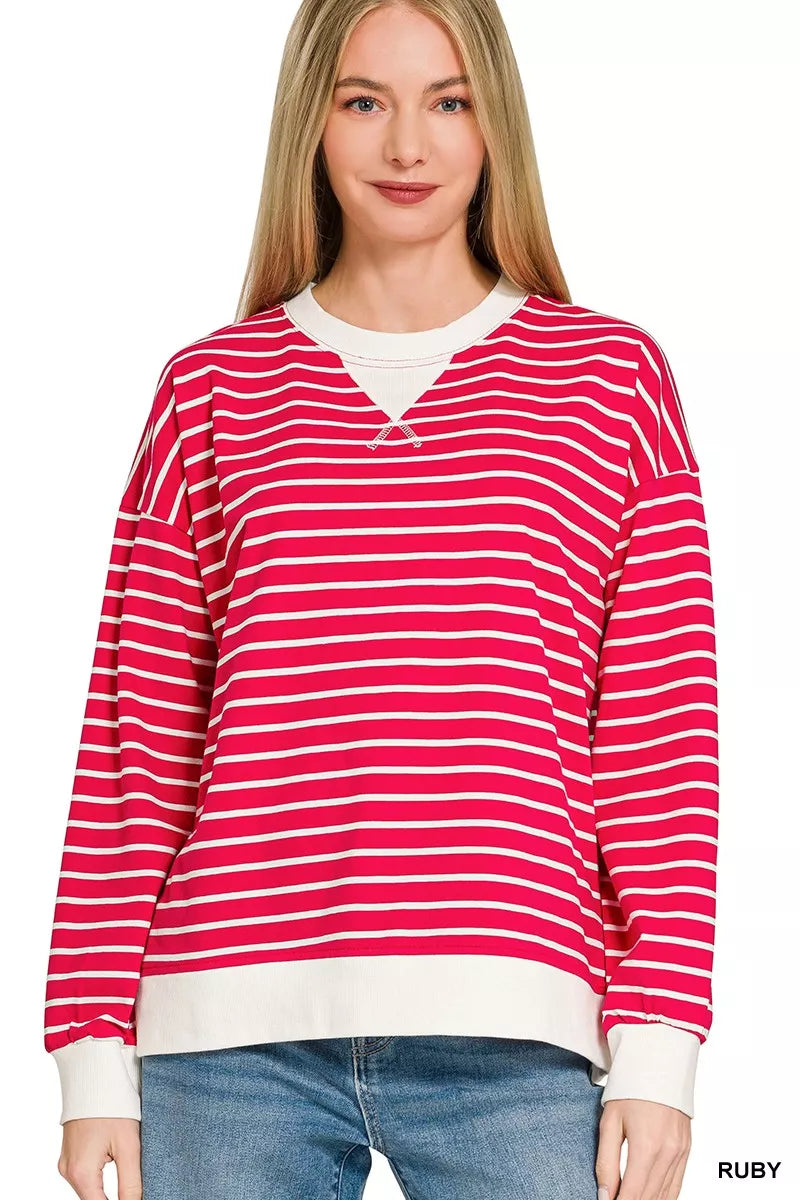Ruby Zenana Contrast Striped Round Neck Sweatshirt 1