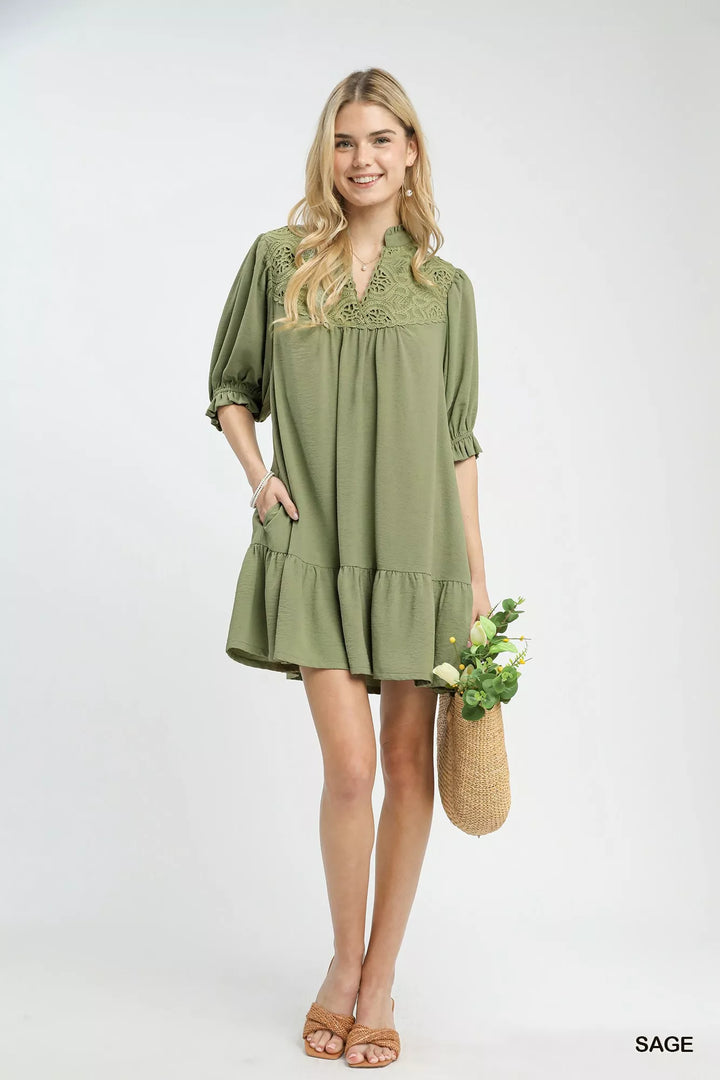 Umgee Lace Yoke Tiered Mini Dress