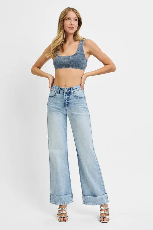 Light Risen Full Size Tummy Control High Rise Ankle Wide Cuffed Jeans Plus Size 1