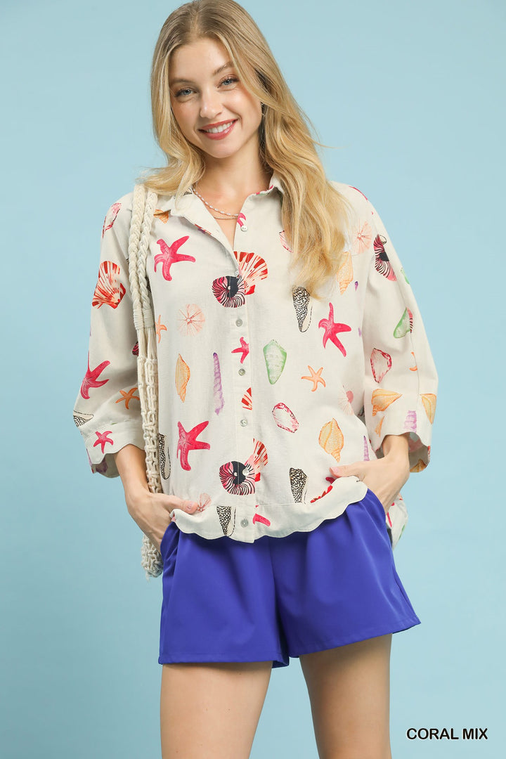 Coral Mix Umgee Seashell Starfish Print Button Down Top