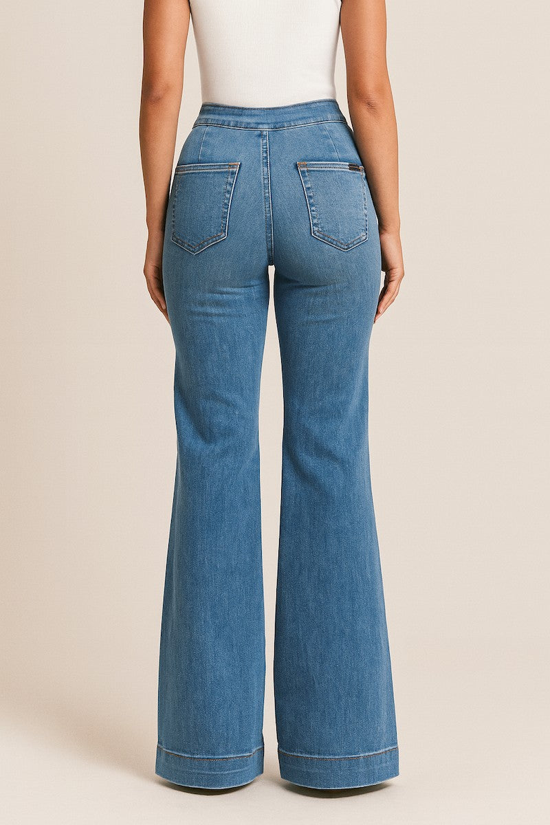 Blue- Inseam 32 Premium Wide Leg Flare Jean Medium Wash