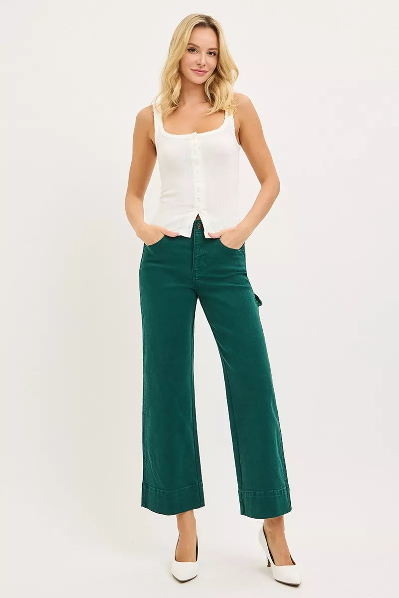 Hunter Green Risen Tummy Control High Rise Crop Wide No Waist Band Pants 1