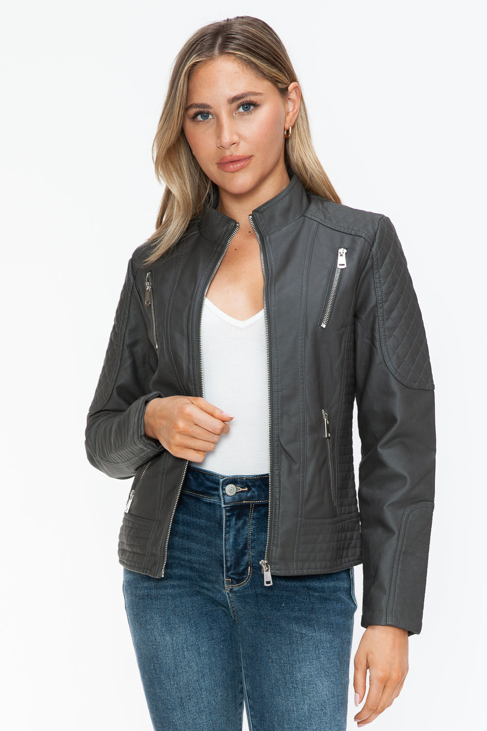 Charcoal Snobbish Faux Leather Zip Up Mock Neck Jacket