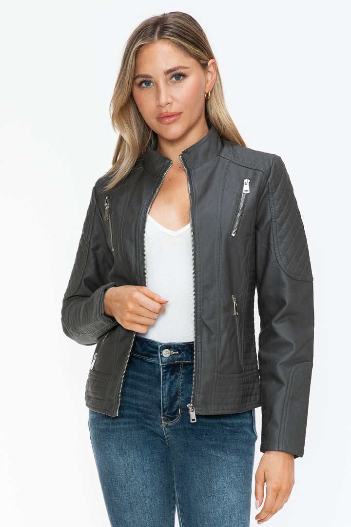 Charcoal Snobbish Faux Leather Zip Up Mock Neck Jacket