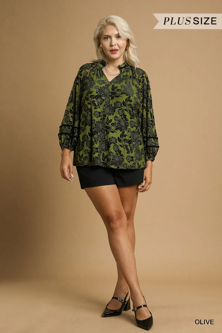 Umgee Full Size Floral Velvet Blouse With Balloon Sleeves Plus Size