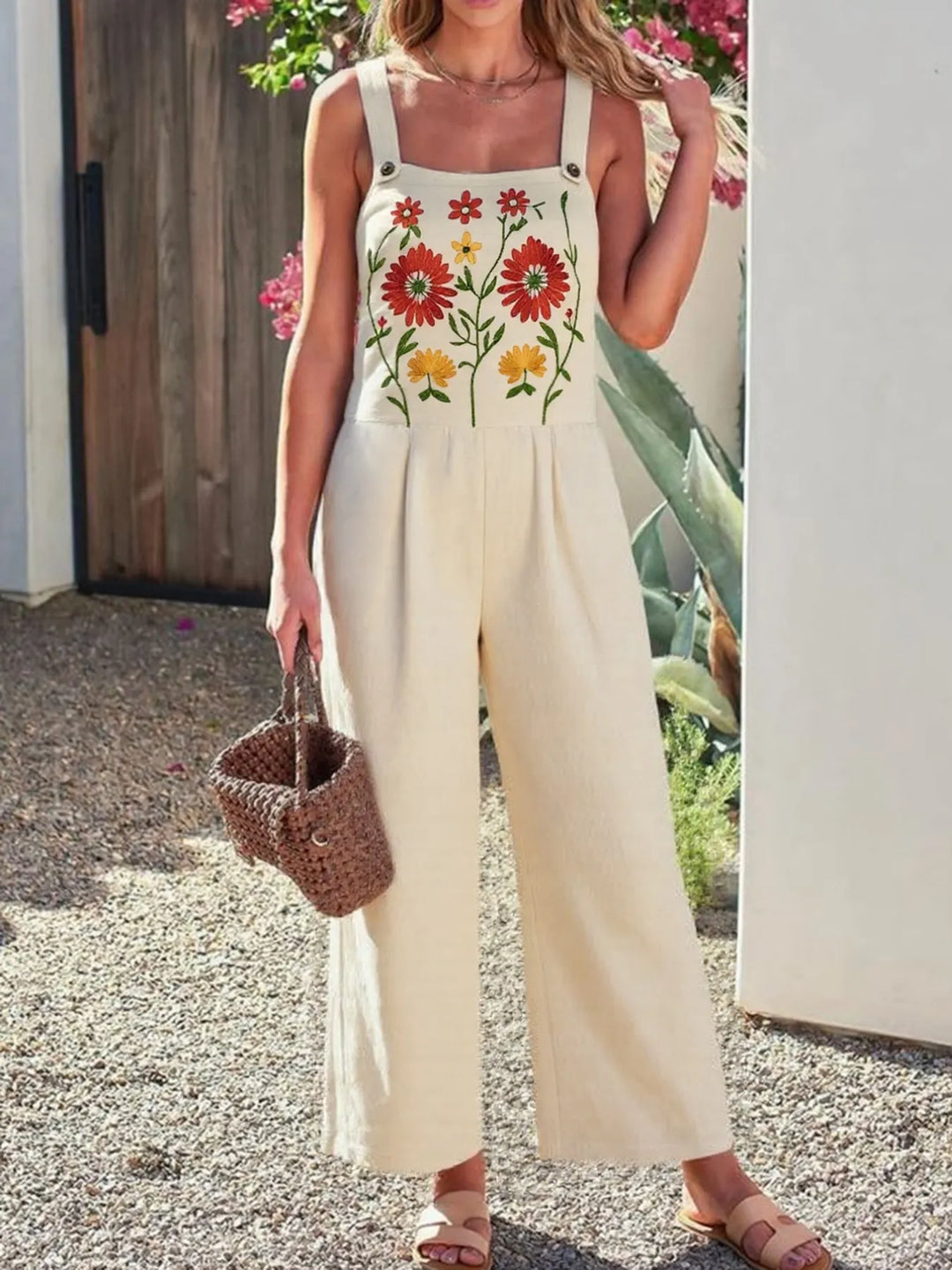 Tan Floral Embroidered Wide Leg Jumpsuit