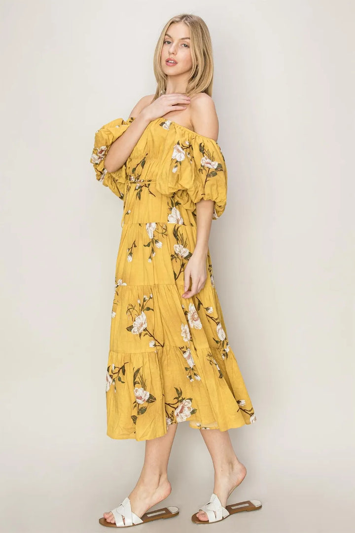 Mustard Hyfve Floral Puff Sleeve Tiered Dress