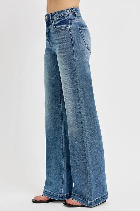 Medium Risen Full Size Tummy Control High Rise Wide Adjustable Waist Band Jeans Plus Size