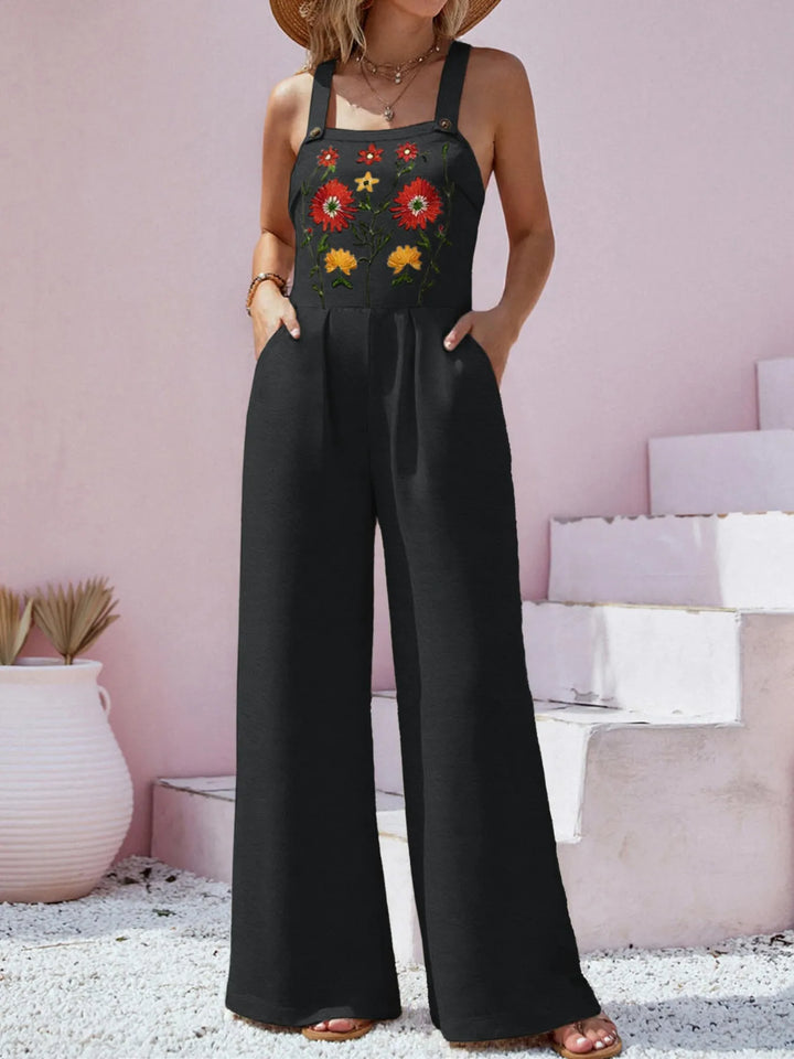 Dark Gray Floral Embroidered Wide Leg Jumpsuit