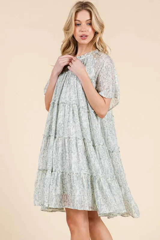 Ivory Combo Lime N Chili Ditsy Floral Print Sheer Ruffle Detail Mini Dress 1