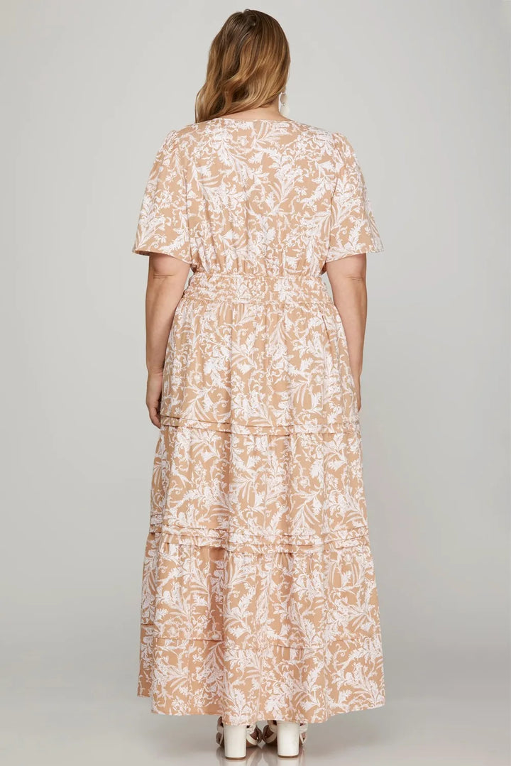 Apricot She Sky Printed Notched Woven Tiered Pintuck Maxi Dress With Side Pockets
