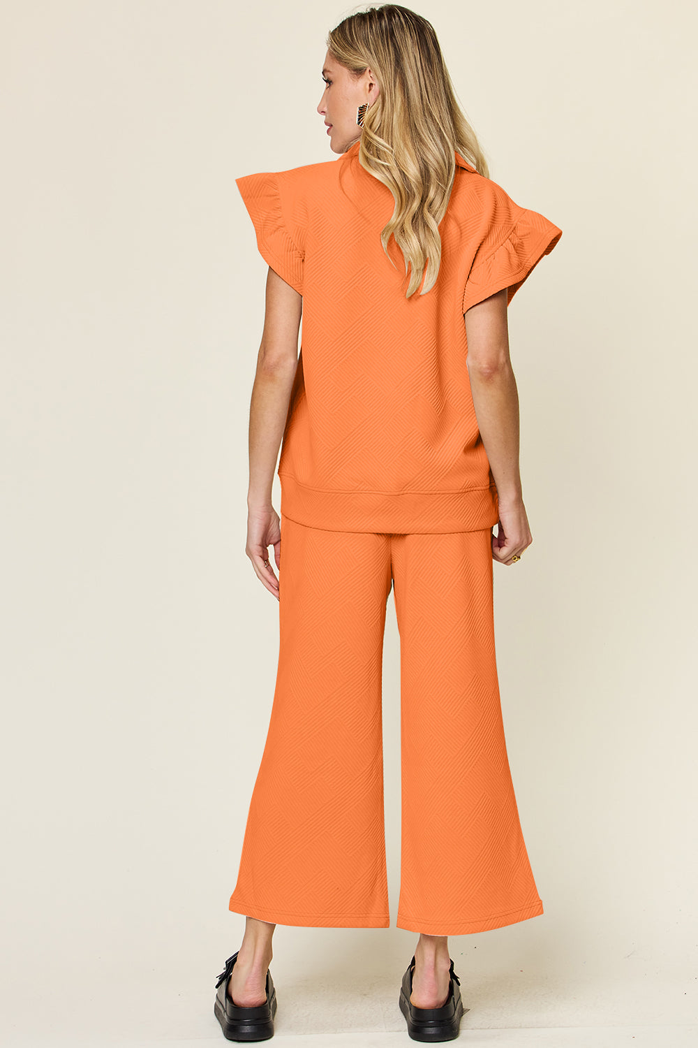 Black Double Take Texture Ruffle Short Sleeve Top And Drawstring Wide Leg Pants Set