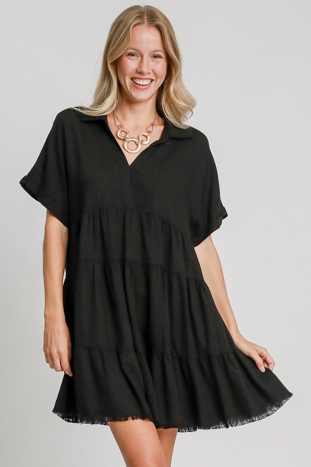 Black Umgee Full Size Raw Hem Folded Sleeve Tiered Dress Plus Size 2
