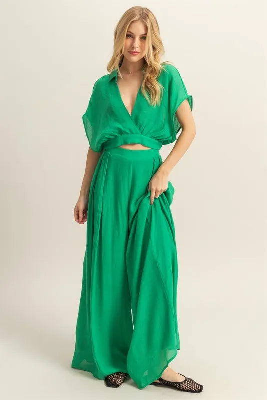 Green Hyfve Kimono Sleeve Crop Top And Wide Leg Pants Set 4