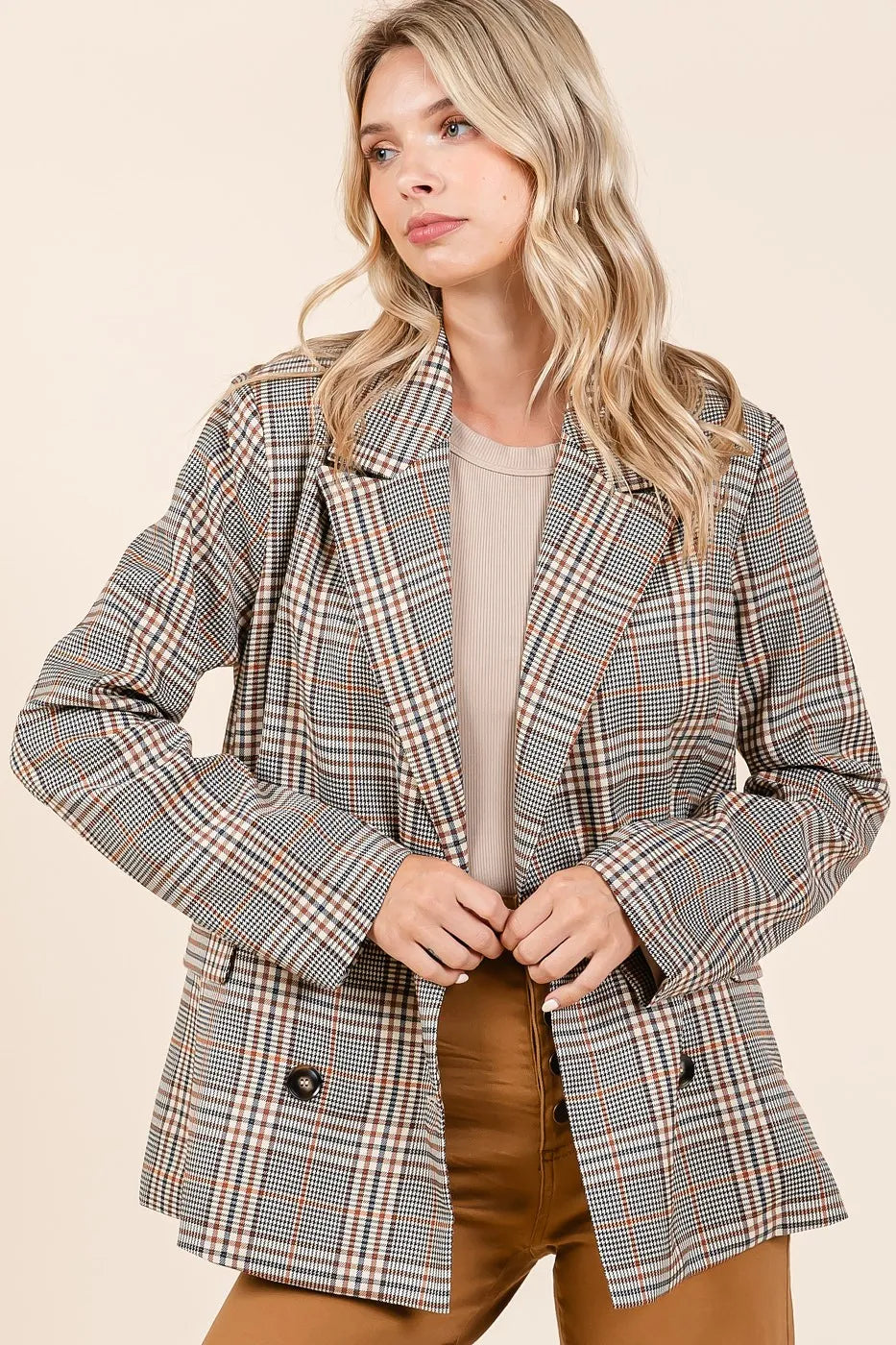Brown Combo Mittoshop Plaid Double Breasted Relaxed Fit Blazer