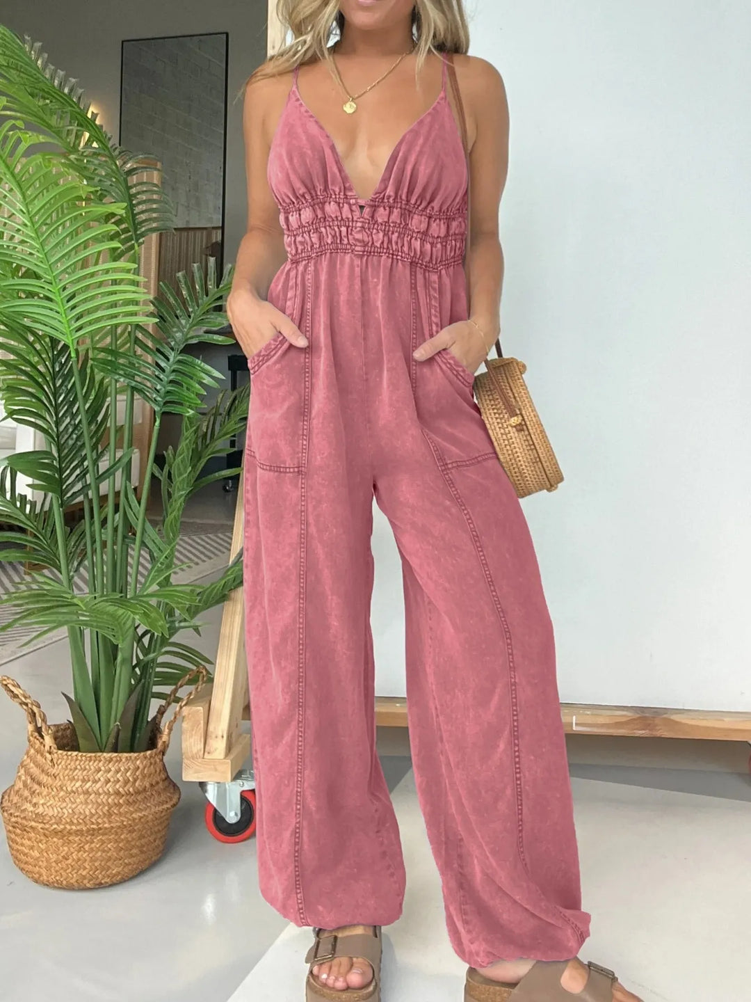 Gray Pink Full Size Wide Leg Spaghetti Strap Jumpsuit Plus Size