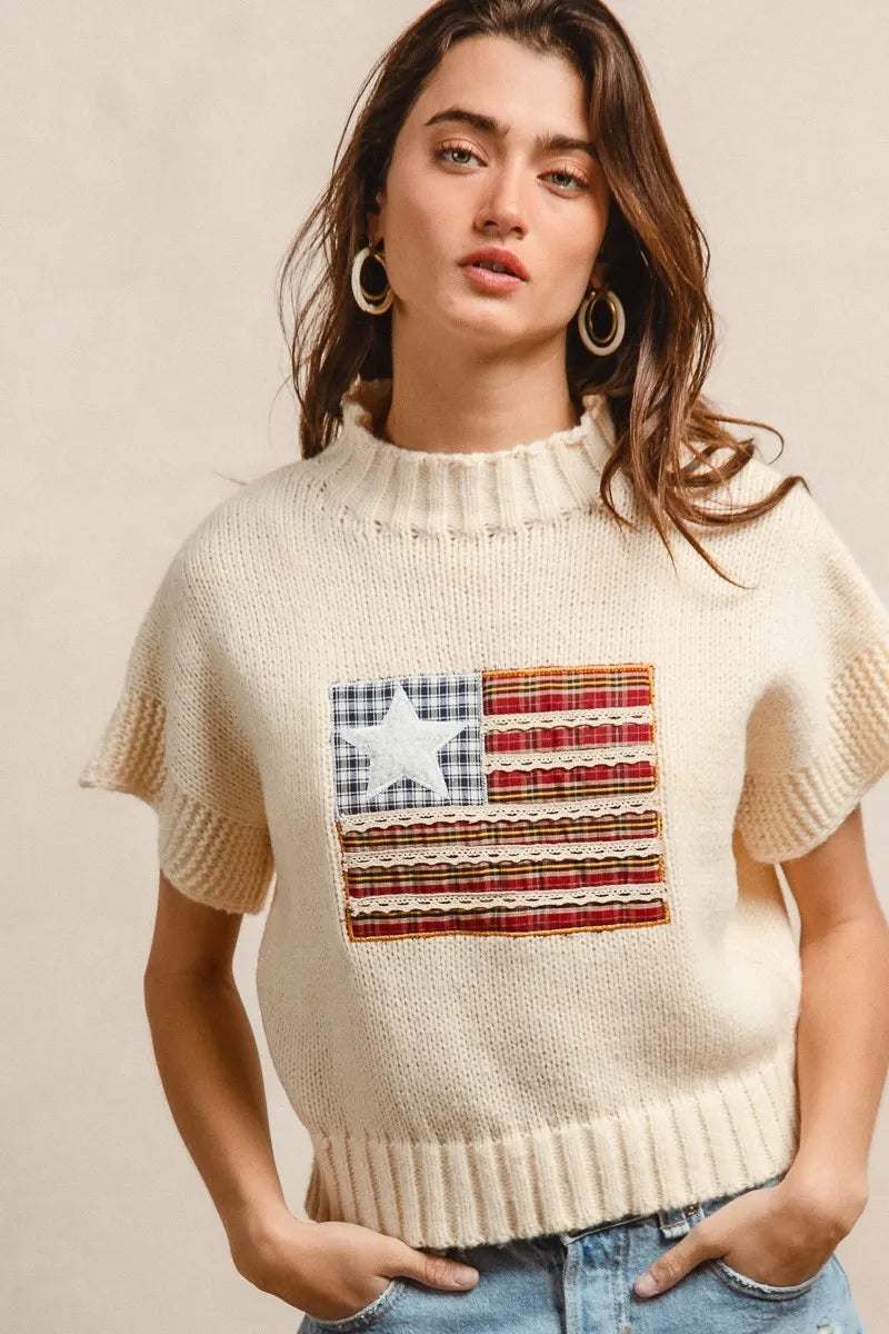 Bibi American Flag Patchwork Drop Shoulder Sweater