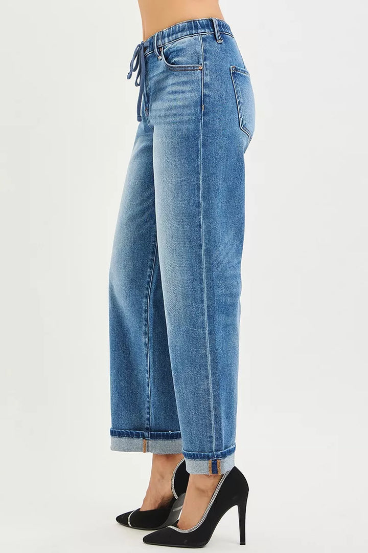 Medium Risen Elastic Band Slouch Ankle Boyfriend Cuffed Hem Jeans