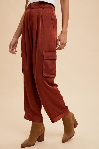 Burgundy Annie Wear Wide Leg Cargo Satin Pants 1