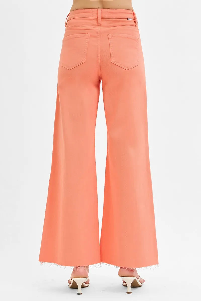 Coral Peach Risen Full Size Tummy Control High Rise Wide Leg Palazzo Jeans Plus Size