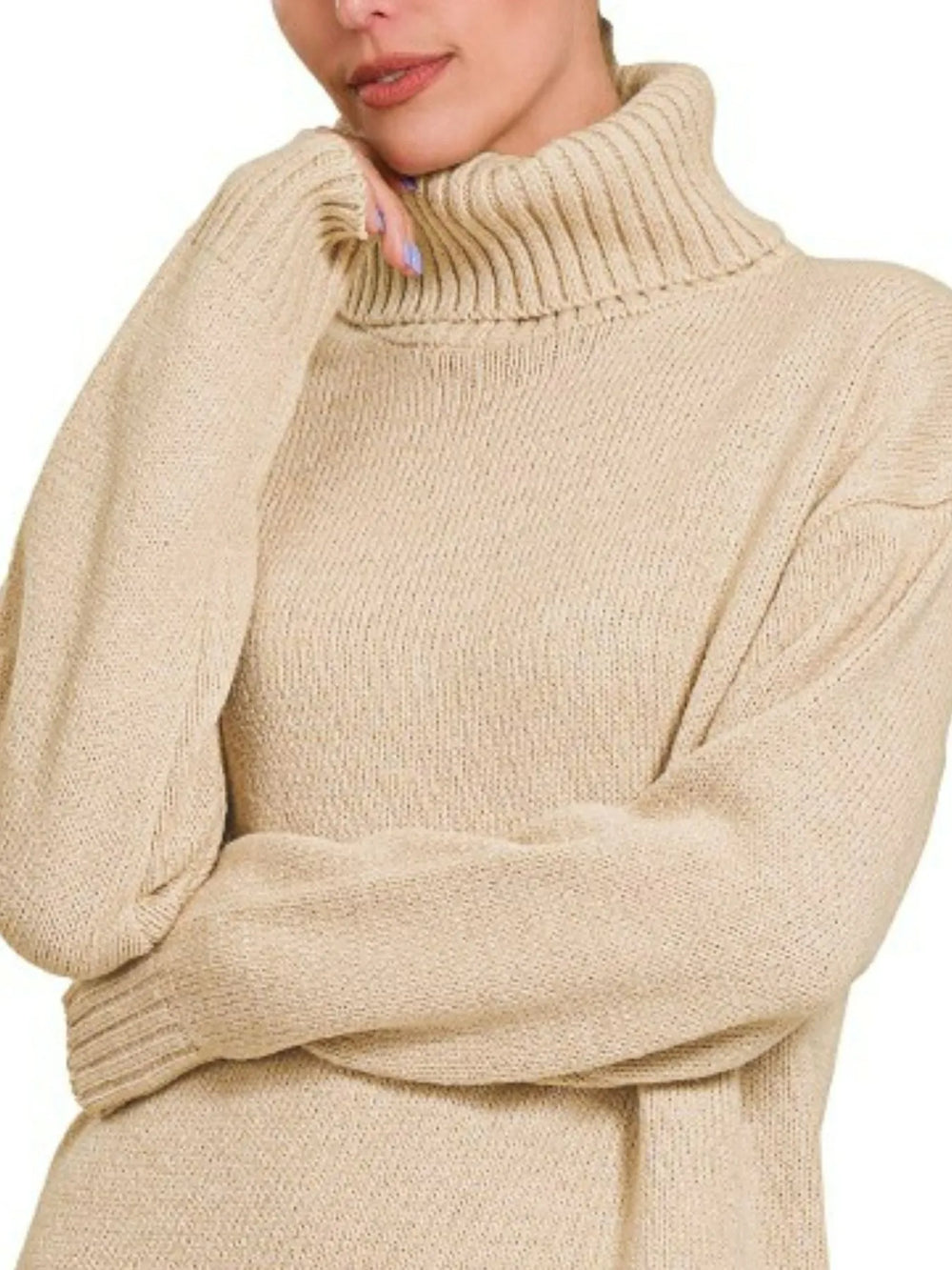 H Beige Zenana Turtle Neck Long Sleeve Midi Sweater Dress