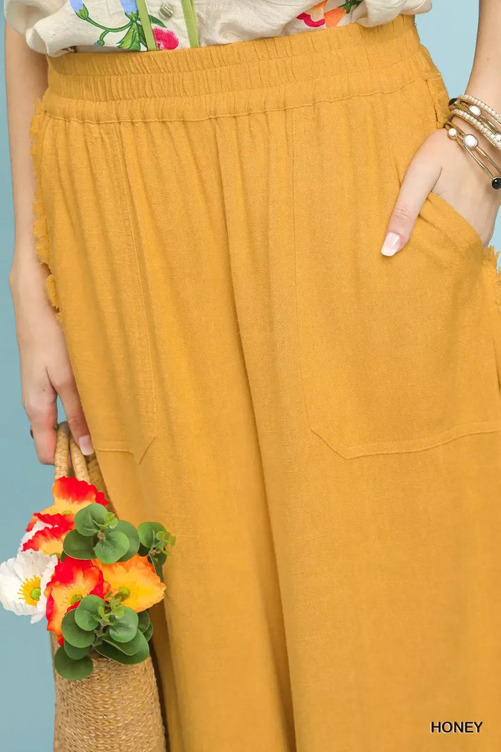Umgee Linen Frayed Side Pocket Wide Leg Pants