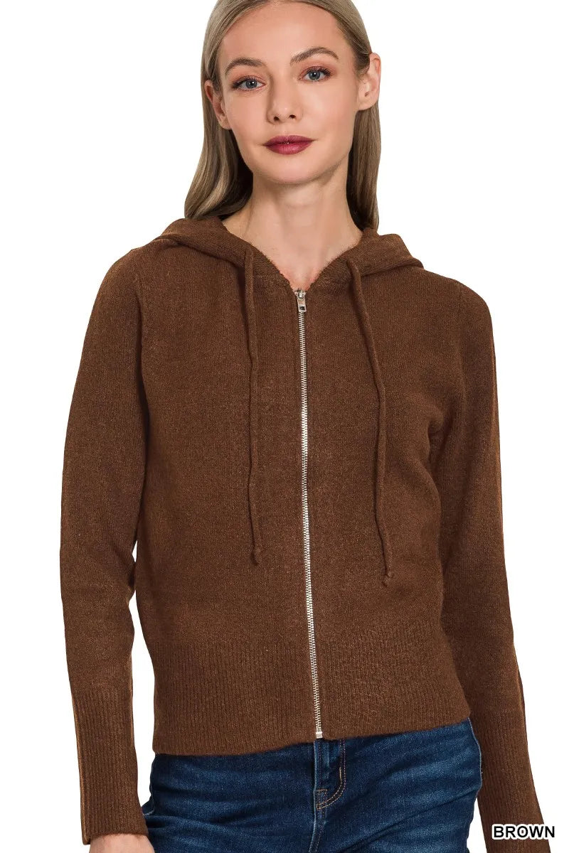 Brown Zenana Drawstring Zip Up Hooded Cardigan