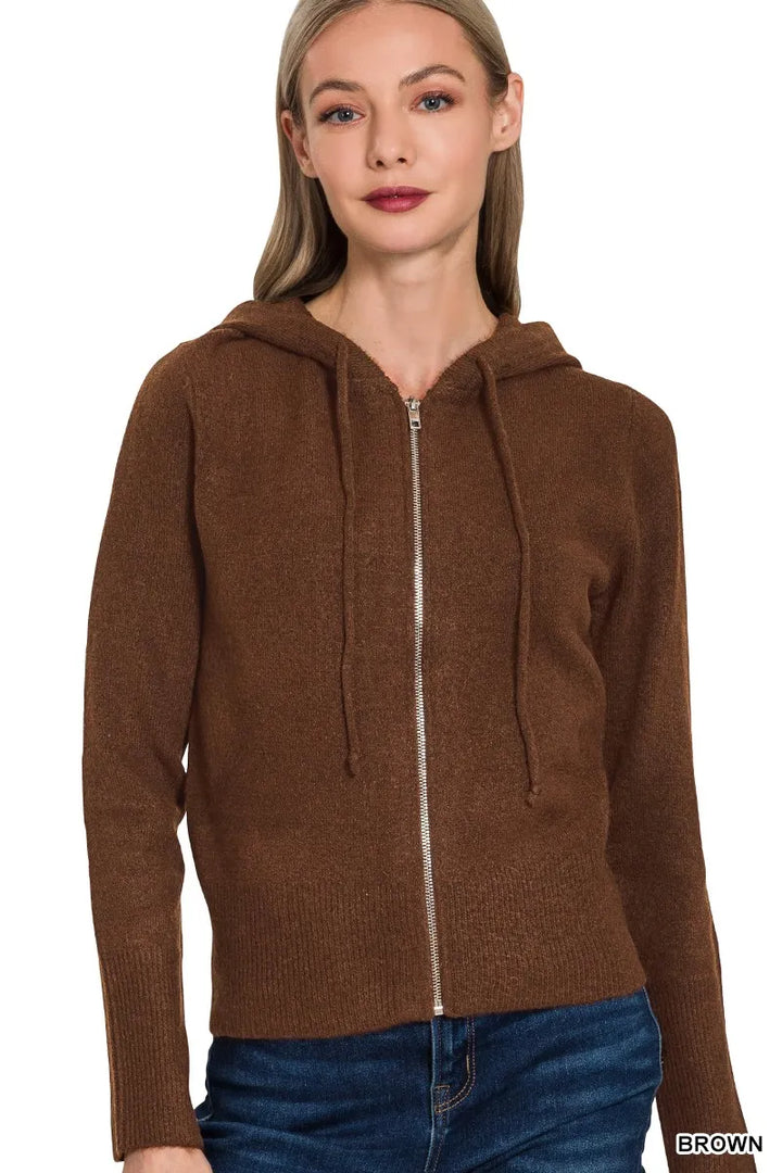 Brown Zenana Drawstring Zip Up Hooded Cardigan