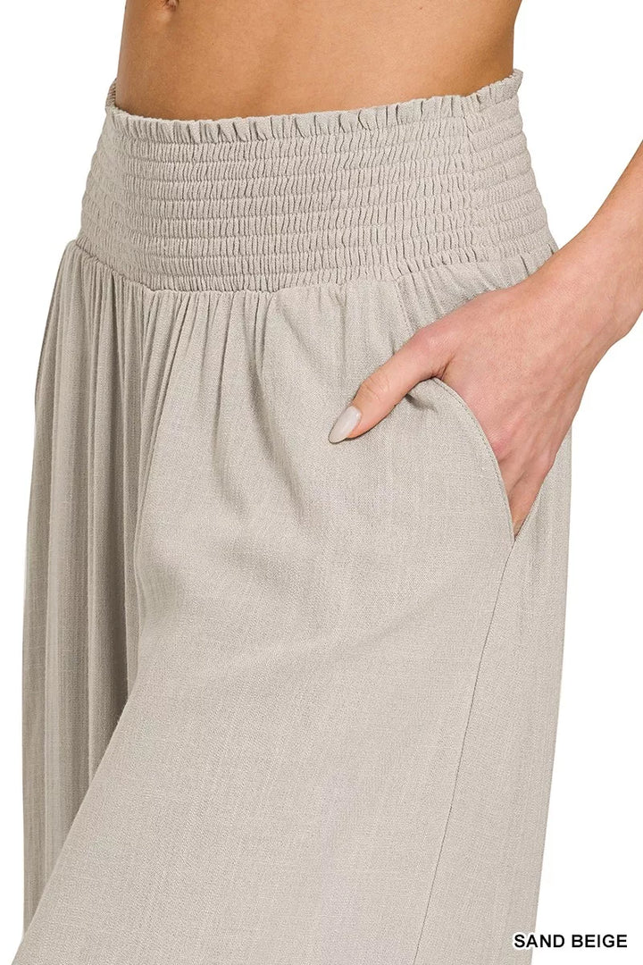 Sand Beige Zenana Smocked Waistband Wide Leg Lounge Pants 3