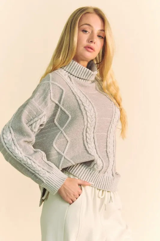 Gray Davi Dani Cable Knit Turtleneck Dropped Shoulder Sweater