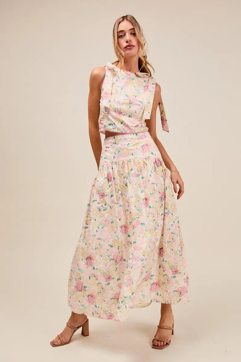 Floral So Me Floral Printed Woven Shoulder Bow Tie Top And Skirt Set