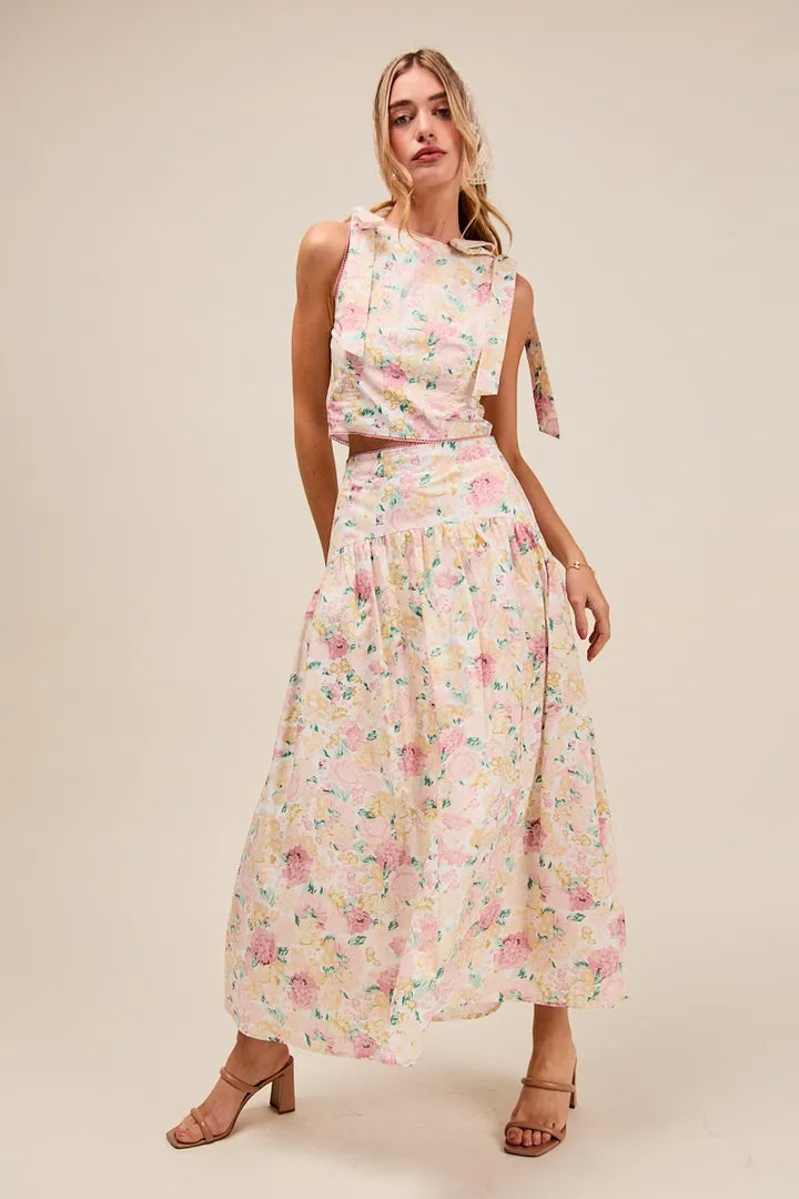 Floral So Me Floral Printed Woven Shoulder Bow Tie Top And Skirt Set