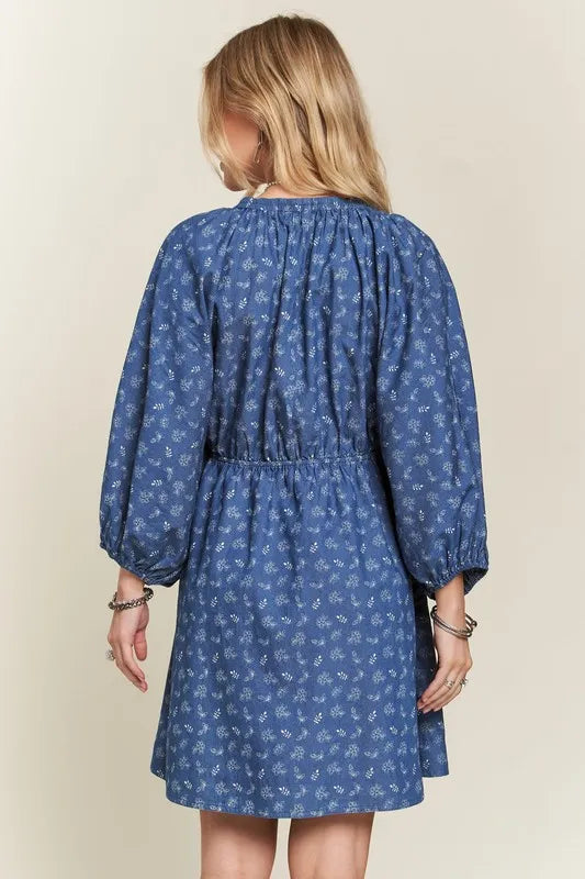 Denim/White Adora Batwing Sleeves Floral Dress