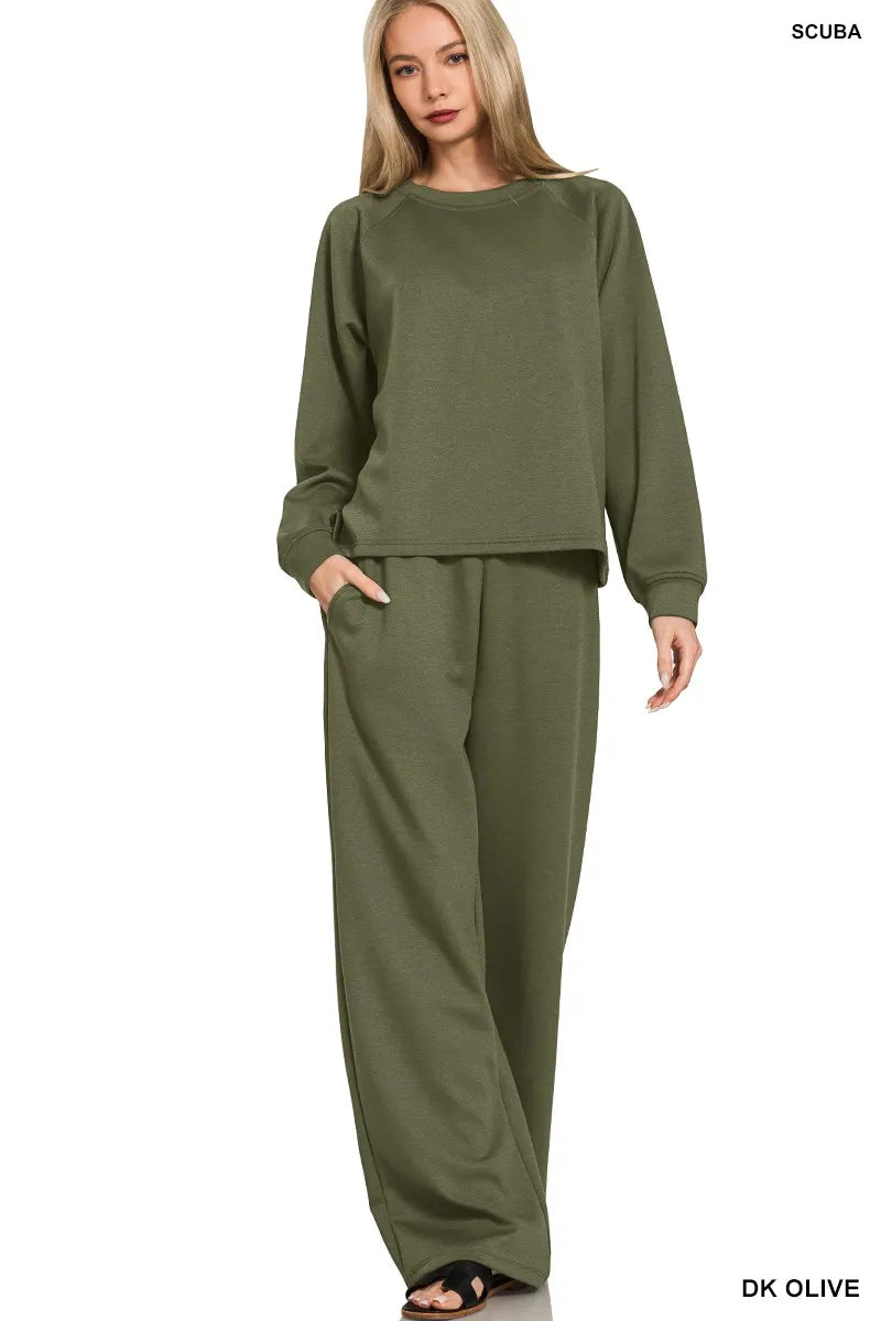 Dk Olive Zenana Scuba Crewneck Sweatshirt And Pants Set